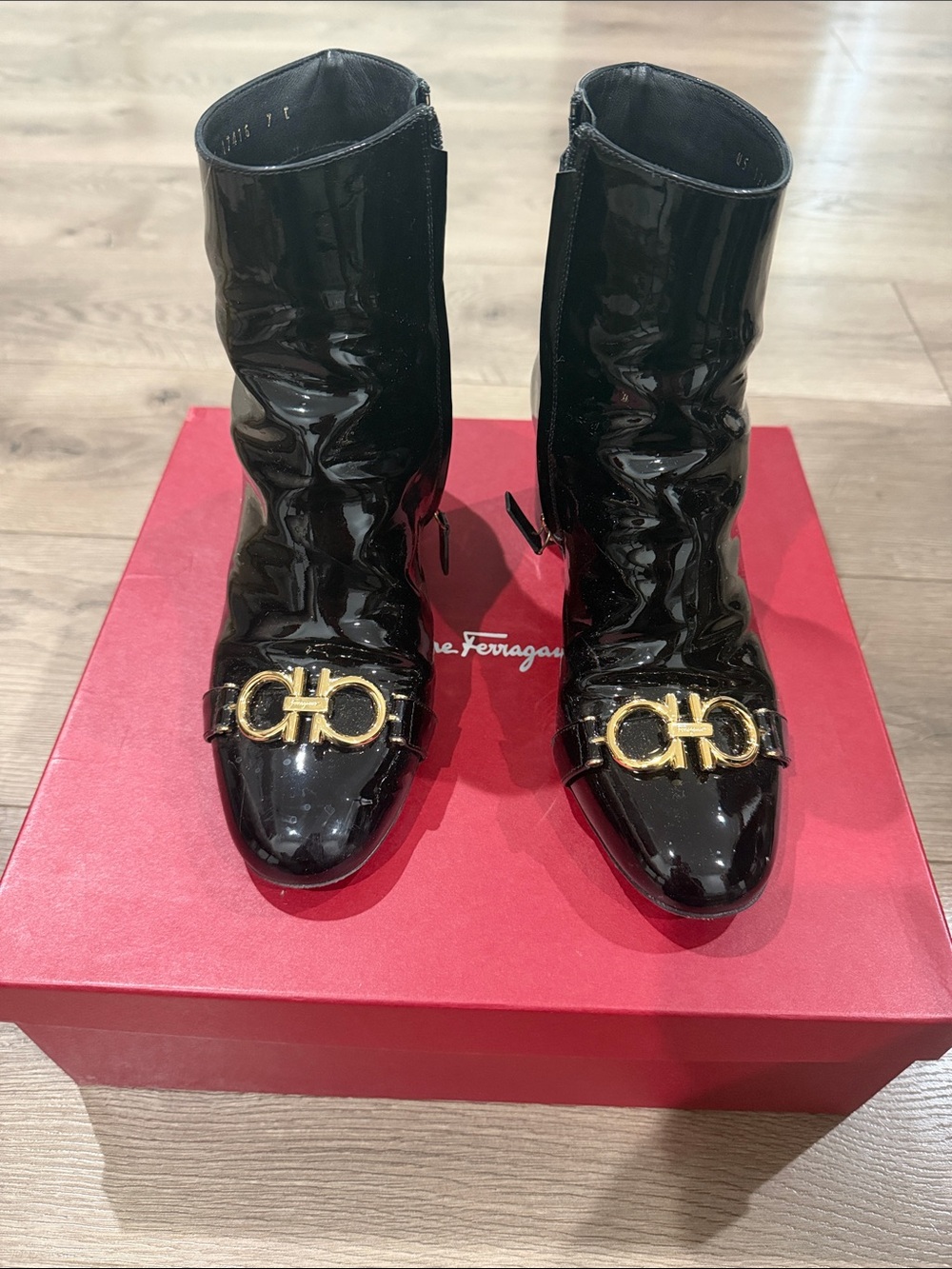 Salvatore Ferragamo Black Patent Leather Mid-Calf Boots with Gold Gancini Accent